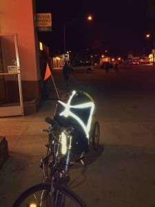 Hi vis tape on bike trailer on Alisal St, East Salinas Oct 6 2013