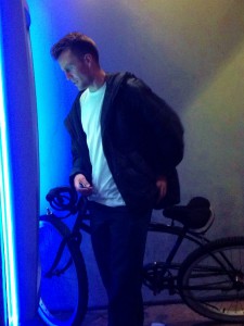 Night bike stop at ATM downtown Santa Cruz