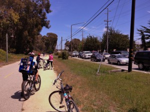Rob, Sarah, and Judy heading back to Ft Ord Dunes post-lunch. Sure glad we're on the bike path and not in a car stuck on Del Monte Avenue.