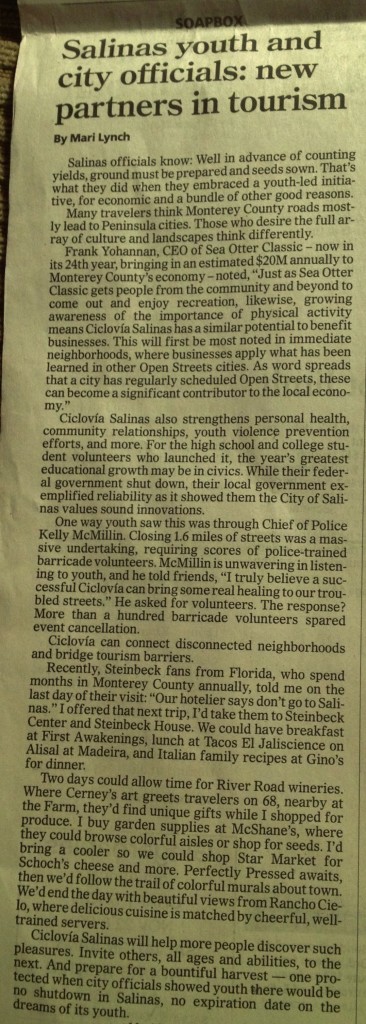 Salinas Californian 16 Oct 2013 - pg 2A - Youth and city partner for tourism - Ciclovia - by Mari Lynch