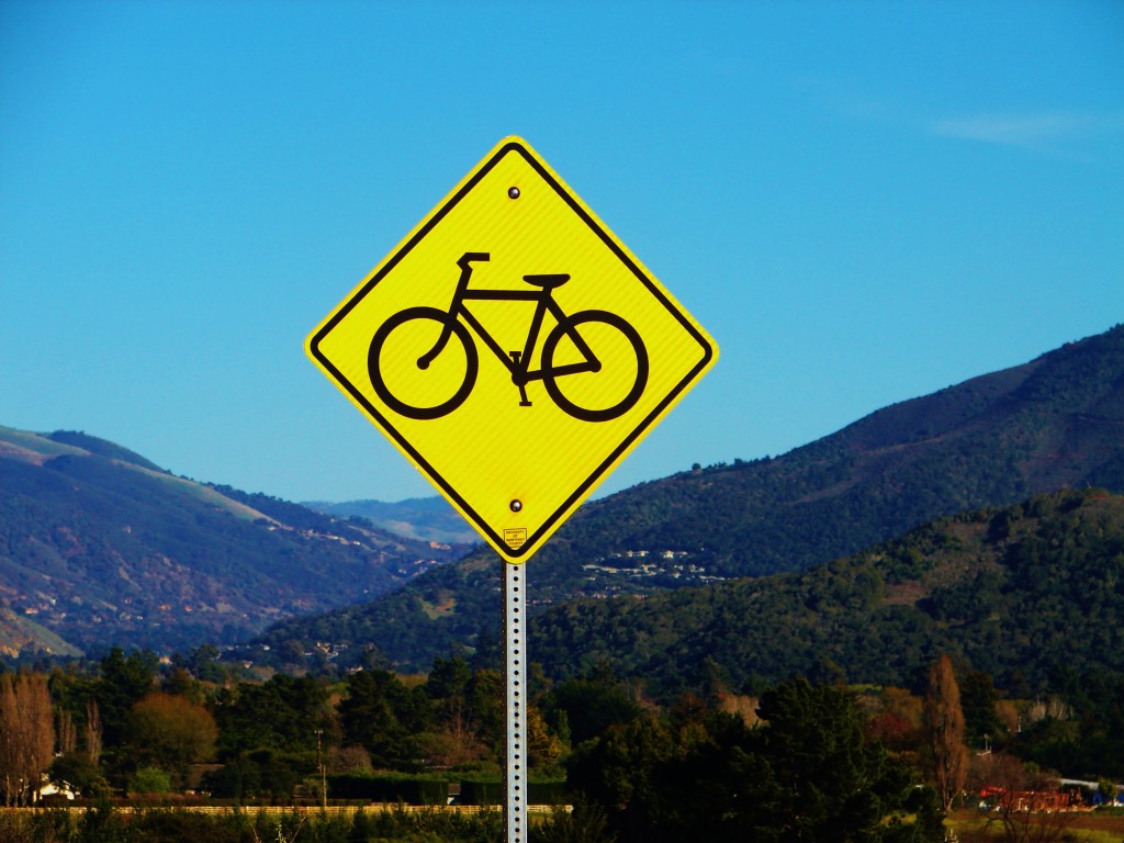 Bike caution sign over Carmel Valley