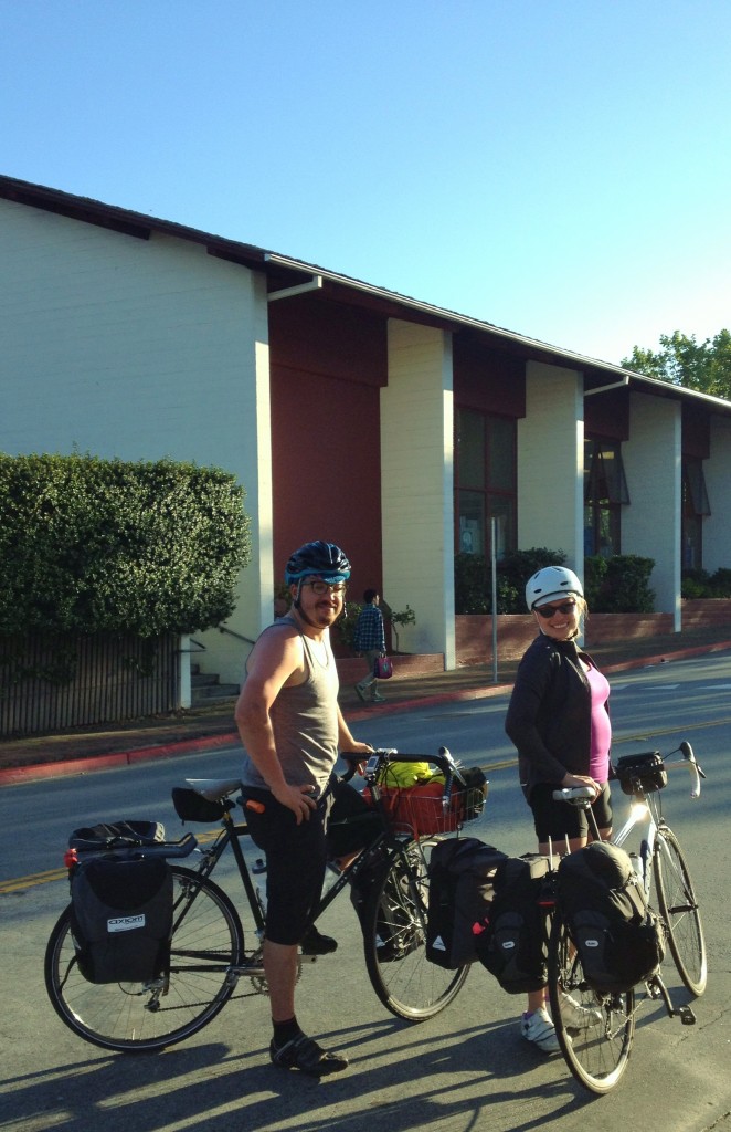 Couple from SF and Oakland biking to Vets Park by library