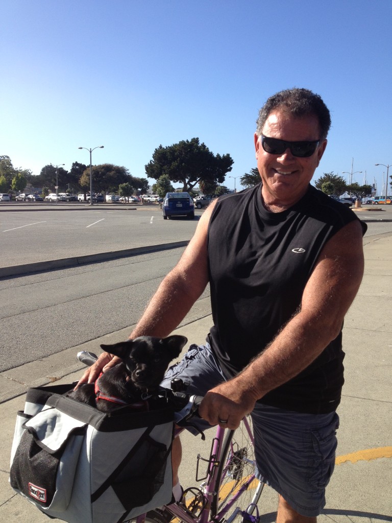 Dog in carrier with man